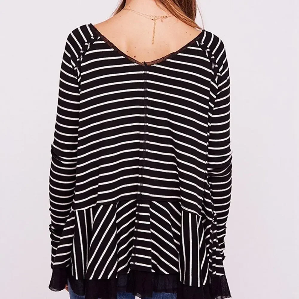 We The Free Tangerine Womens Striped Mesh Inset Peplum Top || XS